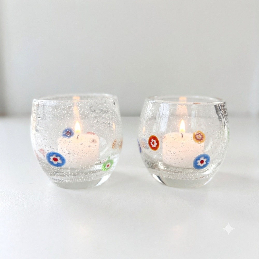 Crate and Barrel Millefiori Zazz Votive Small Bubble Glass Candle Set of 2